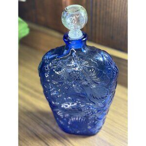 Vintage Cobalt Blue Glass Decanter With Embossed Fish & Sea Motif- SOLD